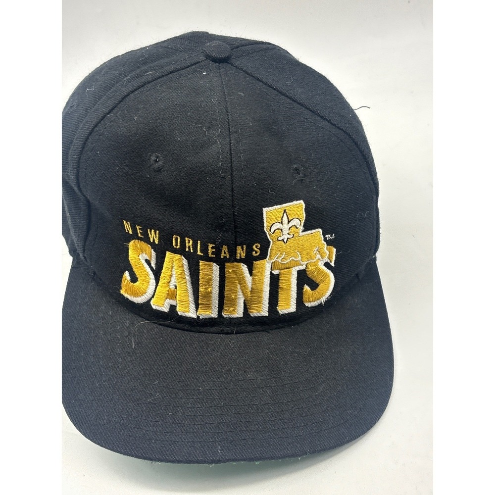 Vintage New Orleans Saints Hat AJD Snapback Black Gold NFL 90s Script logo